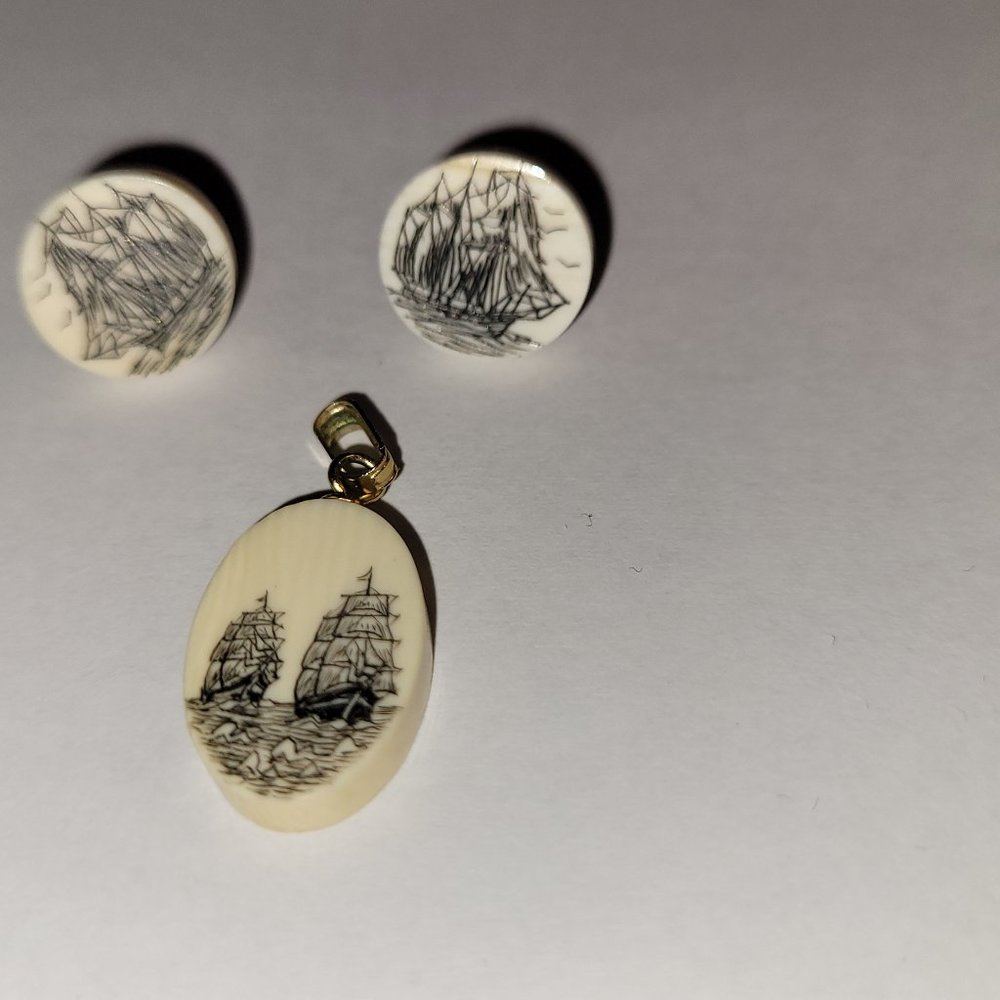 Vintage Scrimshaw Post Earrings and Pendant Set Hand Carved Alaska Schooners
